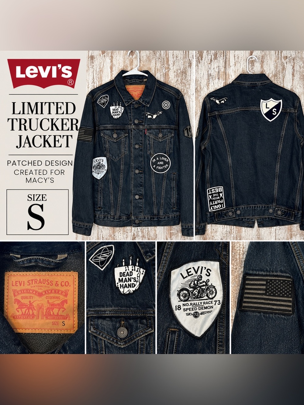 Levi’s Limited Edition Patched Trucker Jacket Men’s Small Macy’s Exclusive Denim